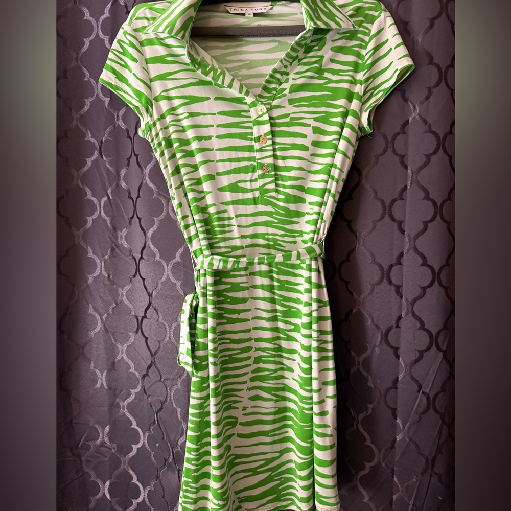 ⭐️3/$20 Trina Turk neon Green White animal print stripe Dress w/tie belt size S - Picture 2 of 7